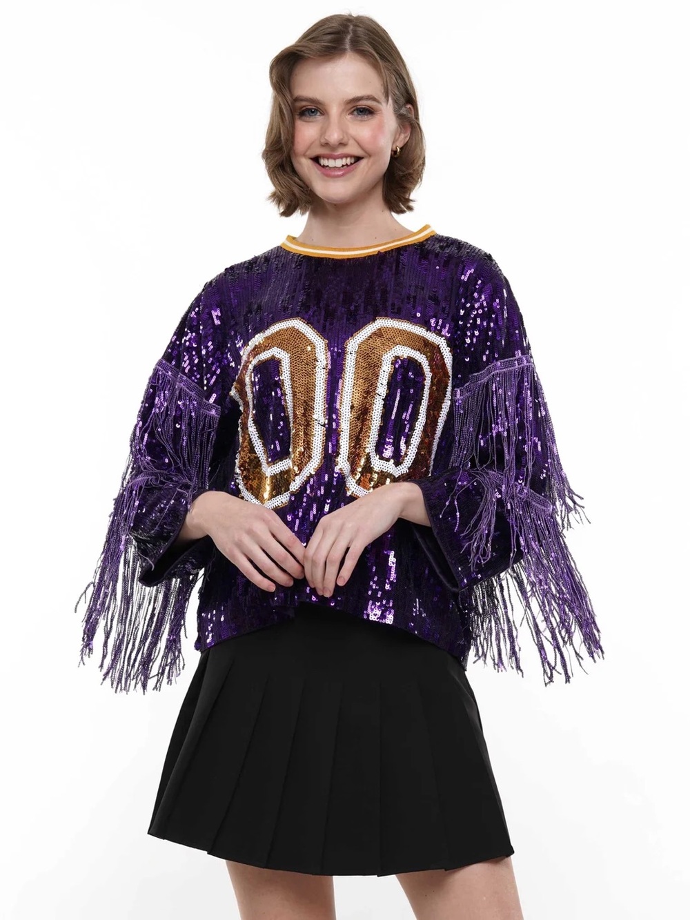 NWT- Show Stopper Purple & Gold Sequin Fringe Top